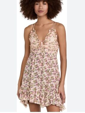Free People One Adella Floral Pink Lace-Trim mini Dress size XL